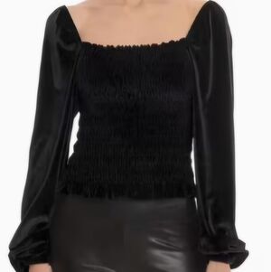 Velvet Puff Sleeve Smocked Shirred Square Neck Crop Top Black Sz XL